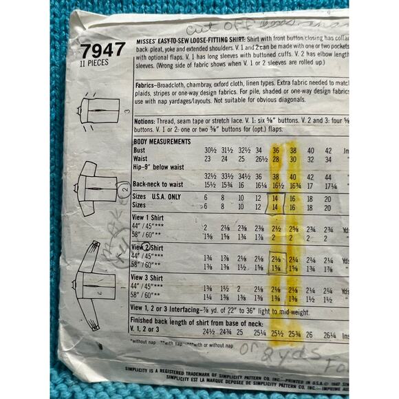 Simplicity 7947 Sewing pattern Button down shirt breast pockets size 10 12 14 - Picture 4 of 5